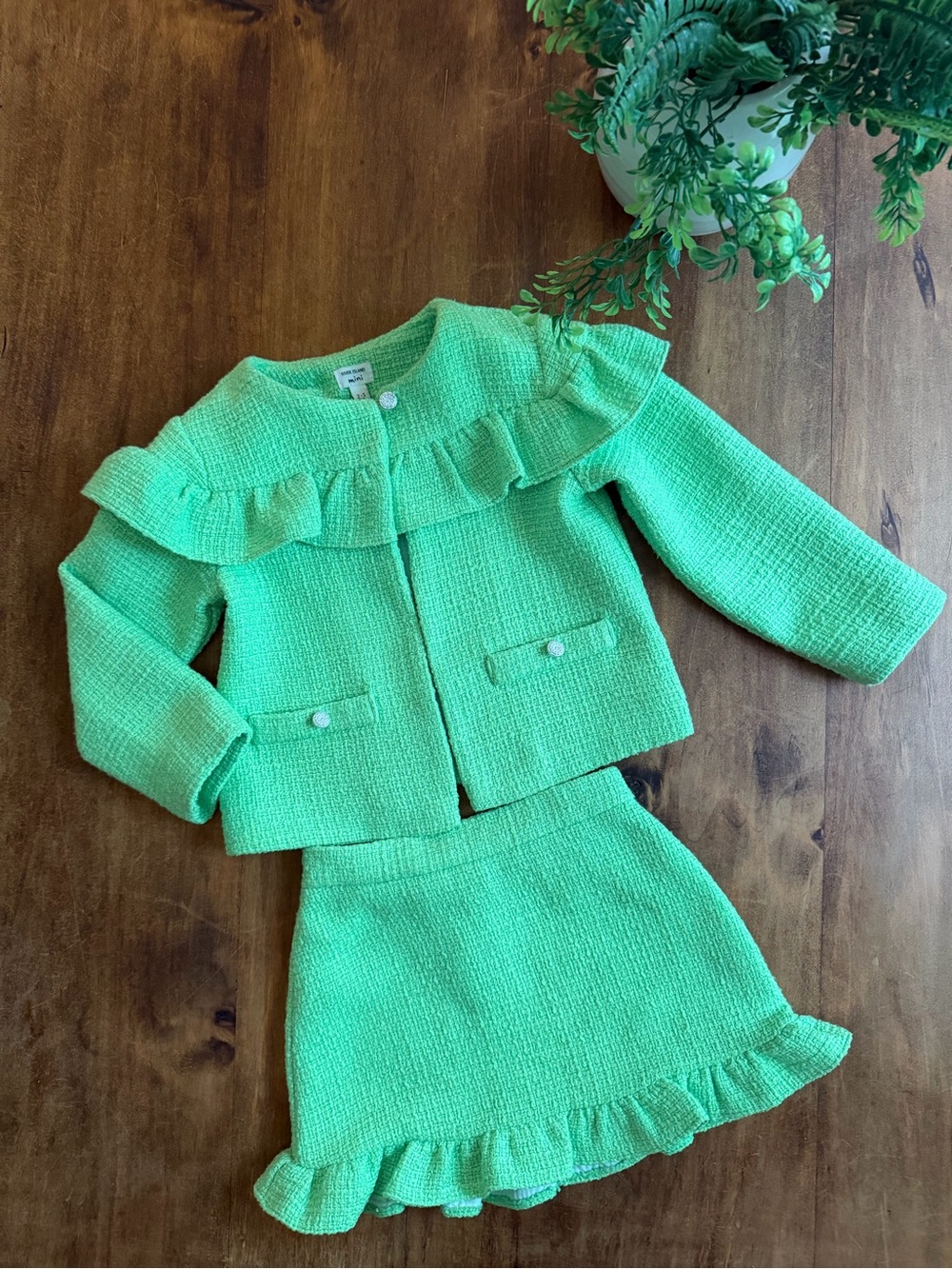 River Island Girls Lime Green Bouclé Frill Jacket & Skirt Set – 2–3Y / 9–12M